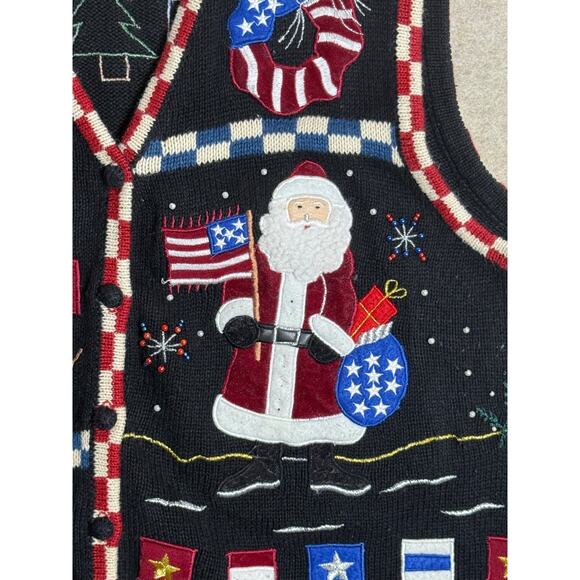 Americana Christmas Sweater Vest Black Vtg Plus 1X Country Santa Bear Snowman - Picture 3 of 9